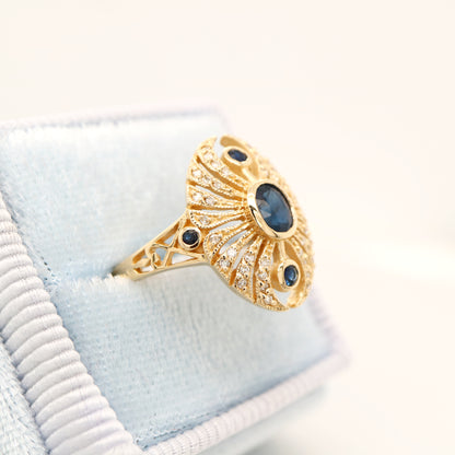 Scarab diamond and sapphire ring in yellow gold
