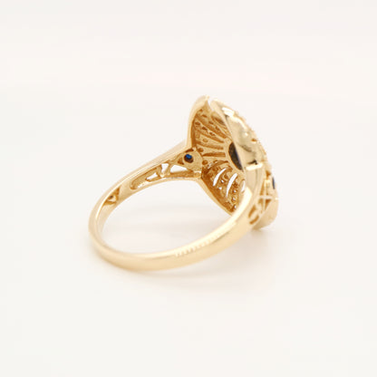 Scarab diamond and sapphire ring in yellow gold