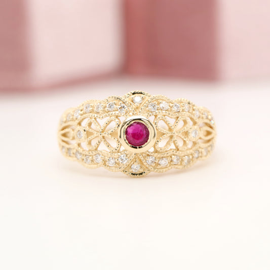 Gold lace art deco ring with ruby and diamonds