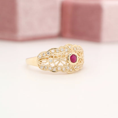 Gold lace art deco ring with ruby and diamonds