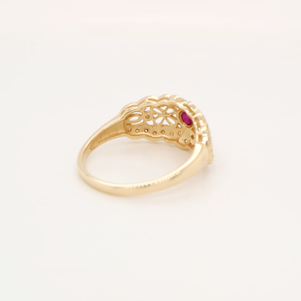 Gold lace art deco ring with ruby and diamonds