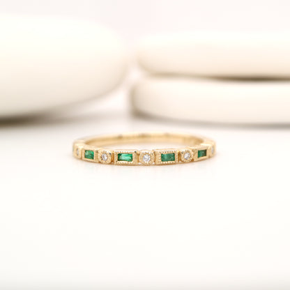 Art deco half set band in solid yellow gold with emeralds and diamonds