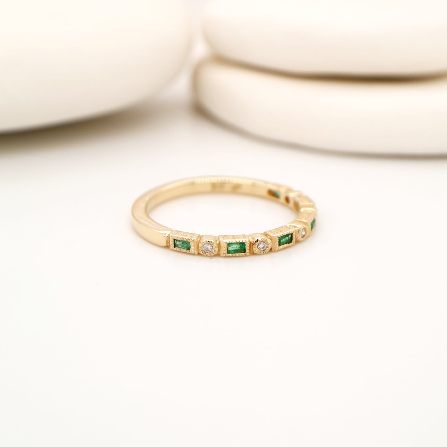Art deco half set band in solid yellow gold with emeralds and diamonds