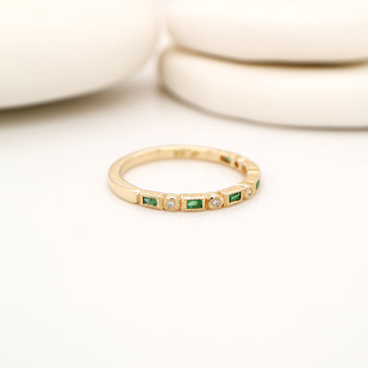 Art deco half set band in solid yellow gold with emeralds and diamonds
