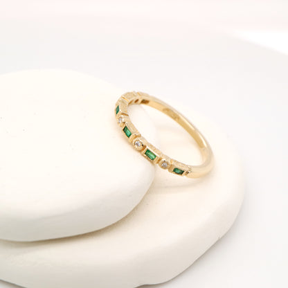 Art deco half set band in solid yellow gold with emeralds and diamonds