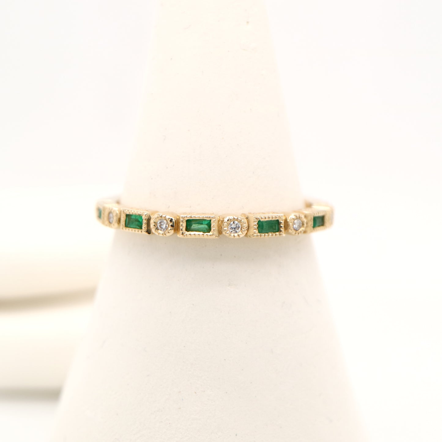 Art deco half set band in solid yellow gold with emeralds and diamonds