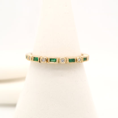 Art deco half set band in solid yellow gold with emeralds and diamonds