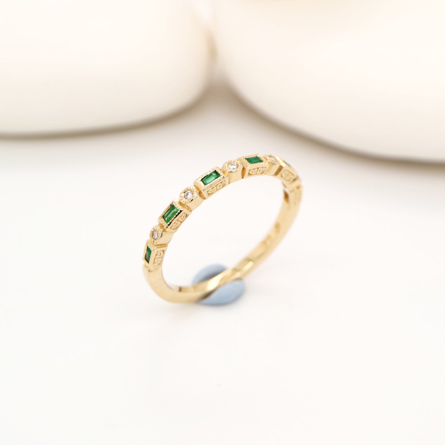 Art deco half set band in solid yellow gold with emeralds and diamonds