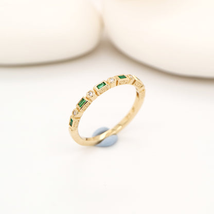 Art deco half set band in solid yellow gold with emeralds and diamonds