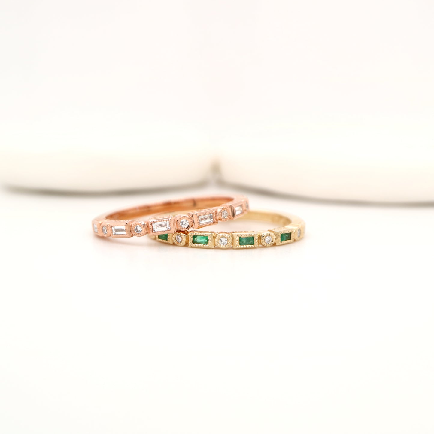 Art deco half set band in solid yellow gold with emeralds and diamonds