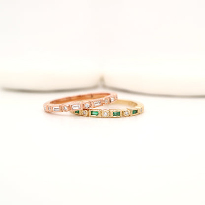 Art deco half set band in solid yellow gold with emeralds and diamonds