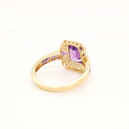 Vintage amethyst ring with diamond halo in yellow gold
