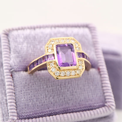 Vintage amethyst ring with diamond halo in yellow gold
