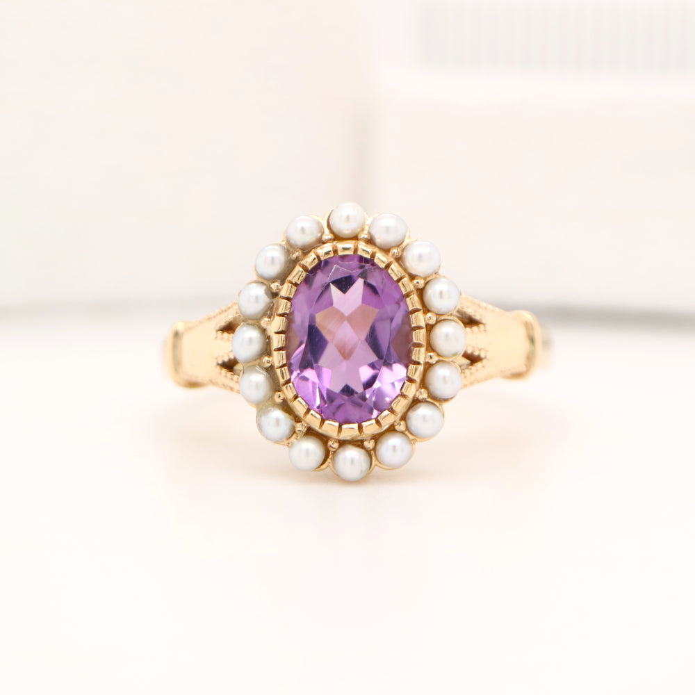 Rose-de-france amethyst with freshwater pearl halo in yellow gold