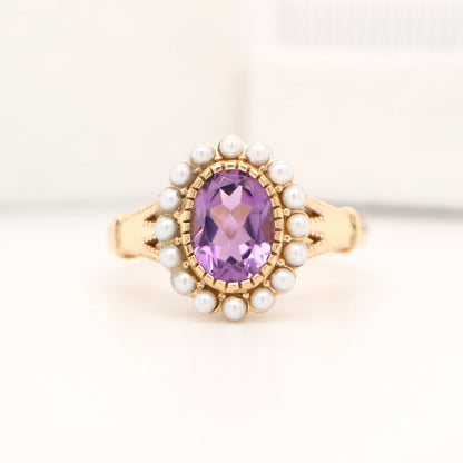 Rose-de-france amethyst with freshwater pearl halo in yellow gold