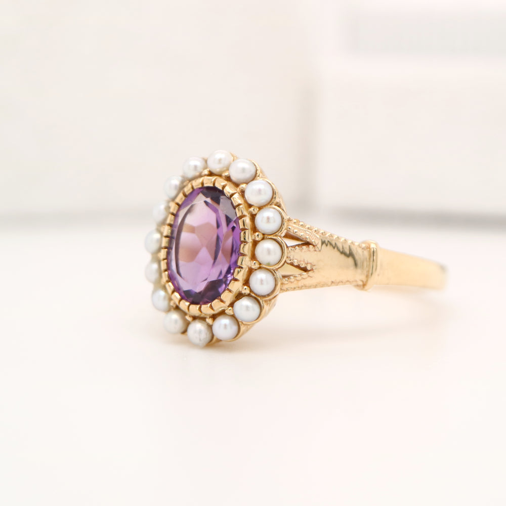Rose-de-france amethyst with freshwater pearl halo in yellow gold
