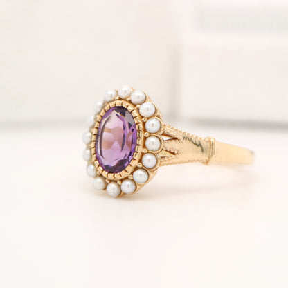 Rose-de-france amethyst with freshwater pearl halo in yellow gold
