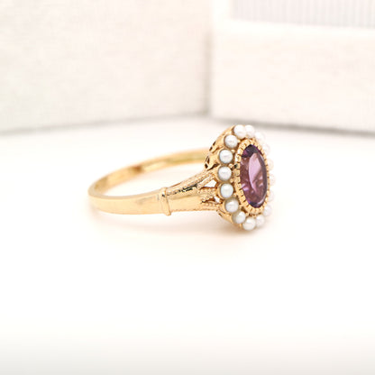 Rose-de-france amethyst with freshwater pearl halo in yellow gold