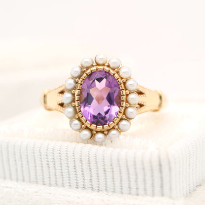 Rose-de-france amethyst with freshwater pearl halo in yellow gold