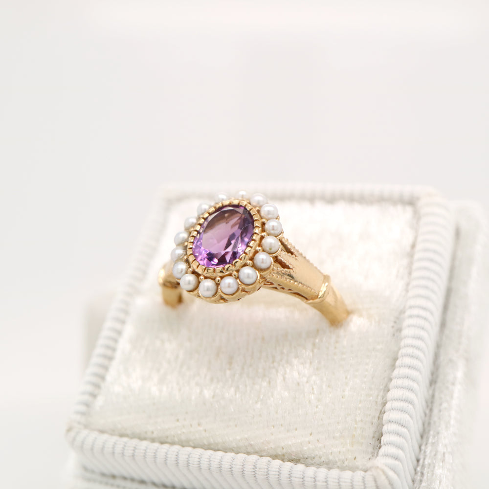 Rose-de-france amethyst with freshwater pearl halo in yellow gold