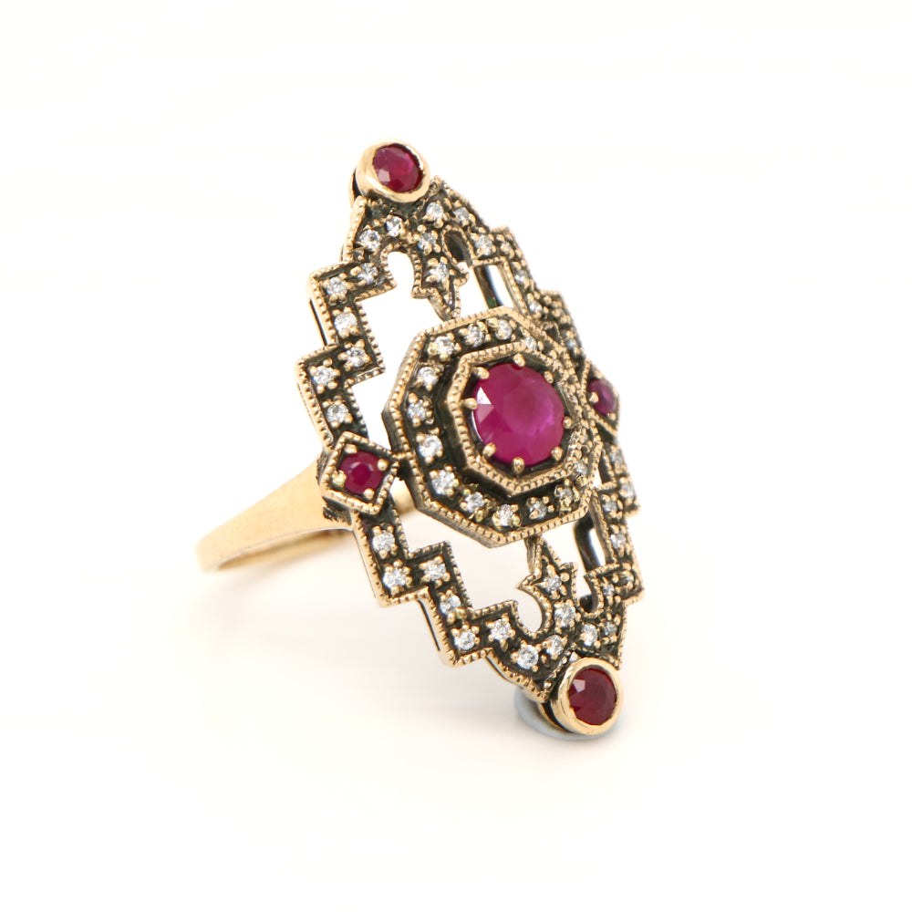Oxidised gold cocktail ring with ruby and diamonds