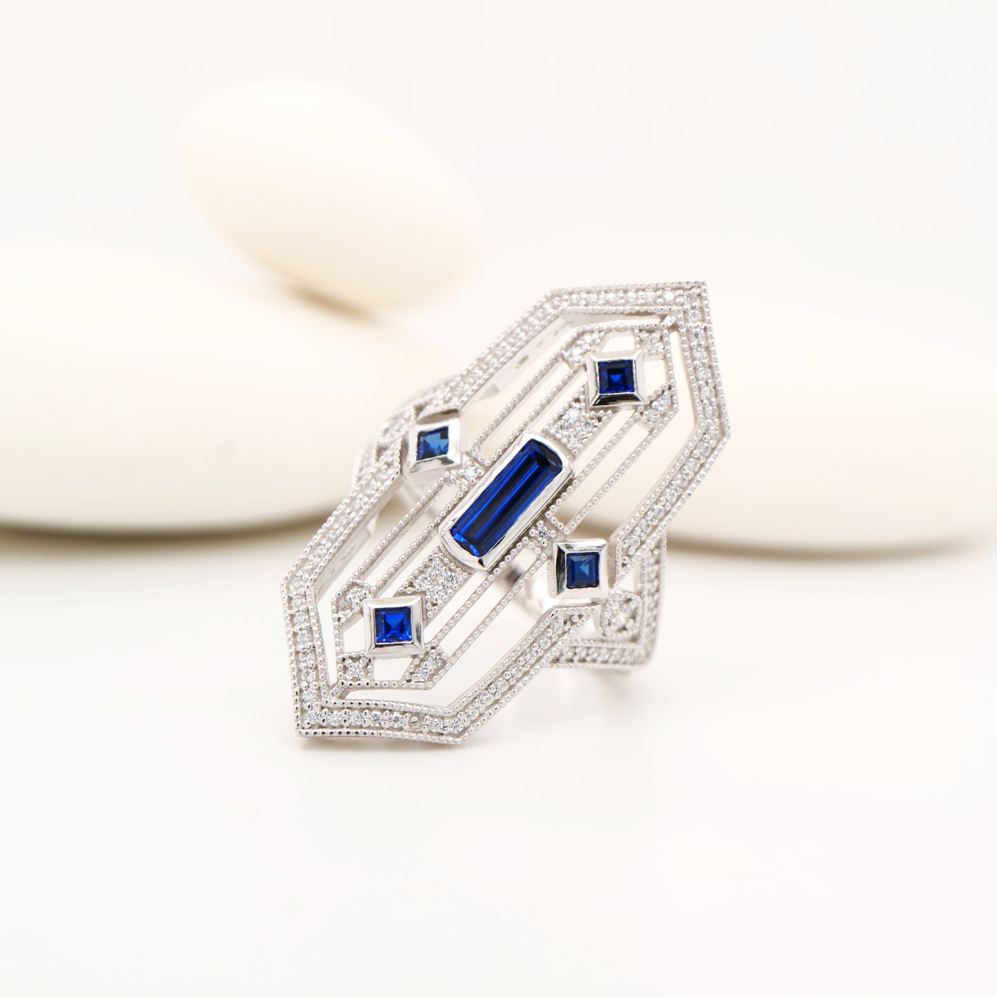 Art deco tower ring with sapphire and diamond in sterling silver