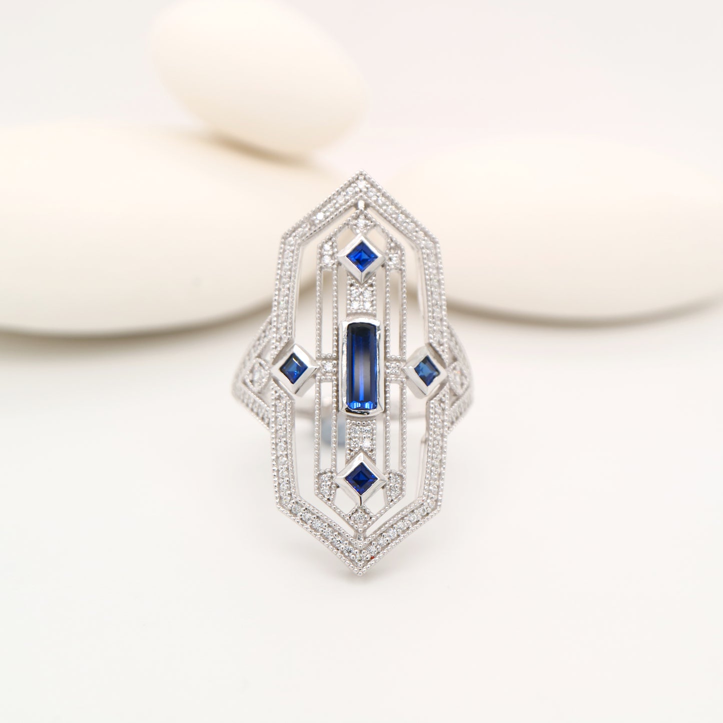 Art deco tower ring with sapphire and diamond in sterling silver