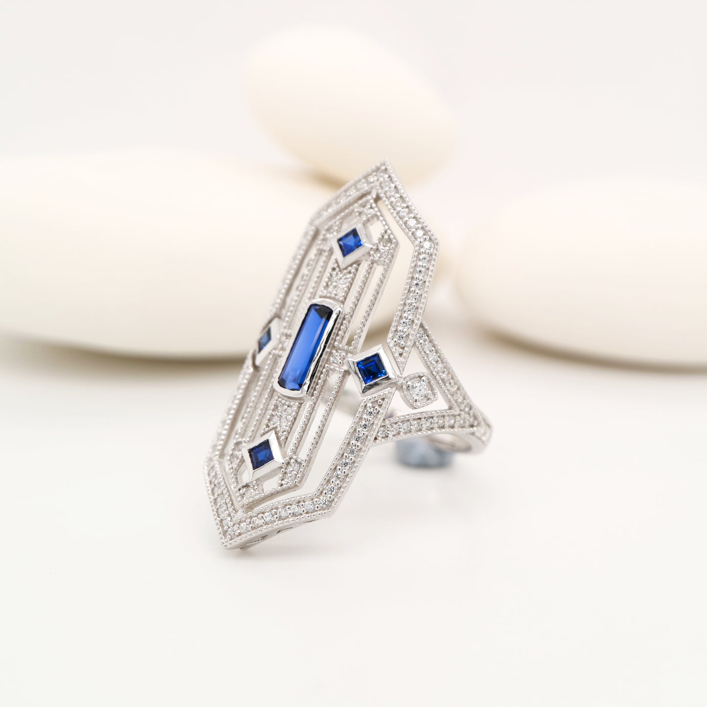 Art deco tower ring with sapphire and diamond in sterling silver