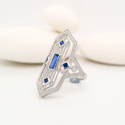 Art deco tower ring with sapphire and diamond in sterling silver