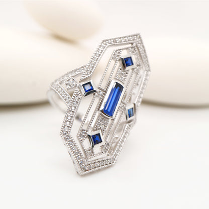Art deco tower ring with sapphire and diamond in sterling silver
