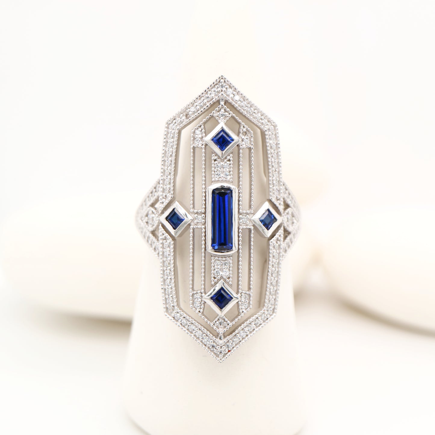 Art deco tower ring with sapphire and diamond in sterling silver