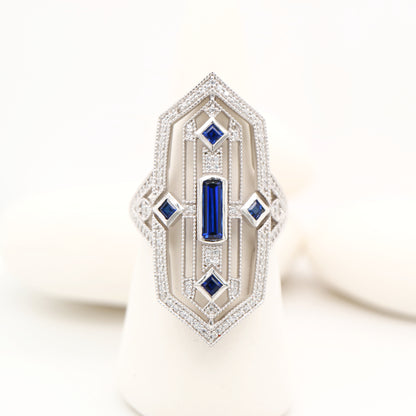Art deco tower ring with sapphire and diamond in sterling silver
