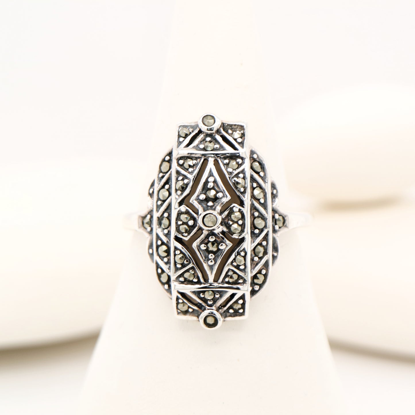 Marcasite shield ring in sterling silver