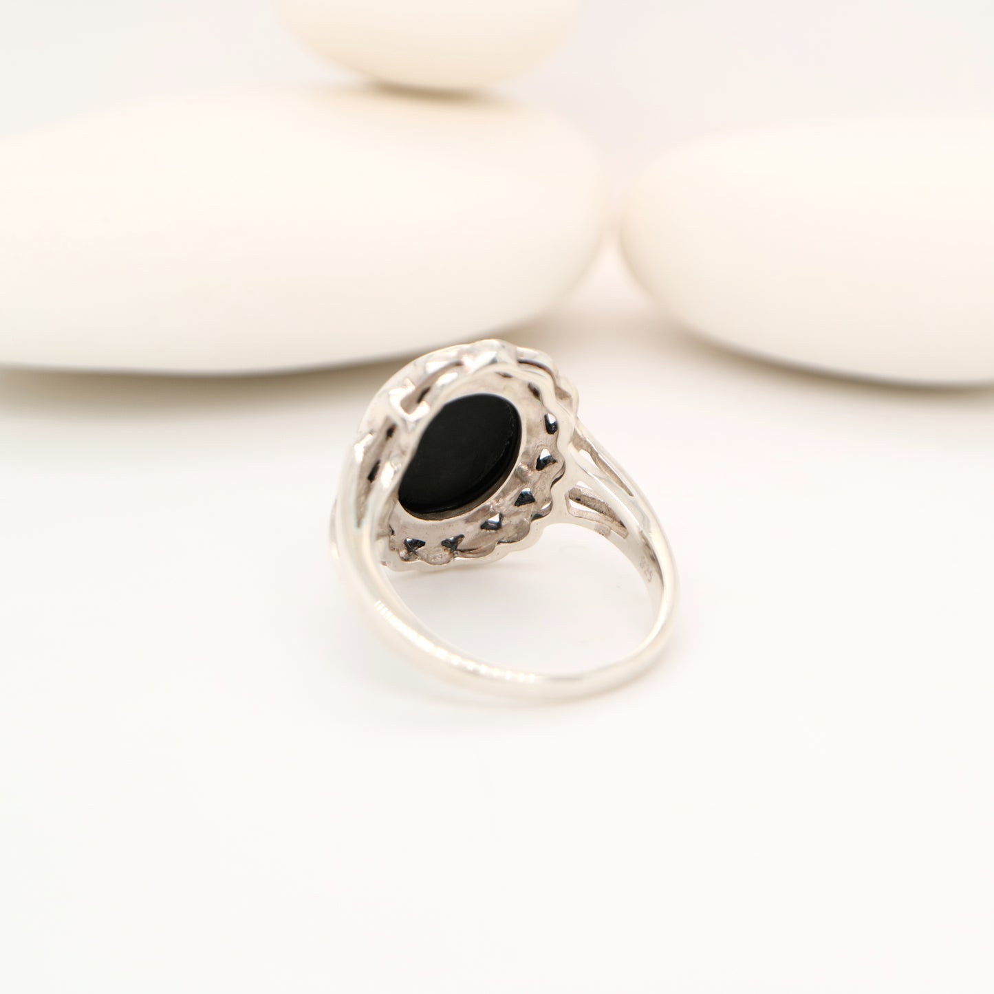 Art deco style black onyx ring with marcasite in scalloped edge in sterling silver