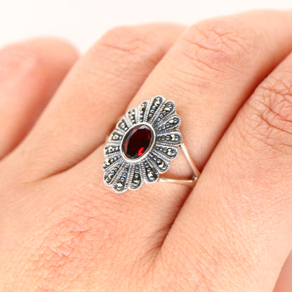 Marcasite shield with garnet ring in sterling silver