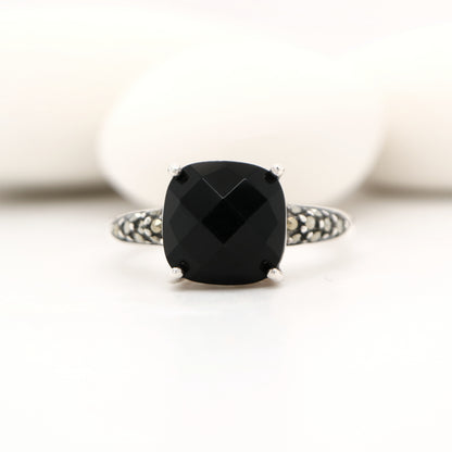Checkerboard cut onyx, marcasite and sterling silver ring