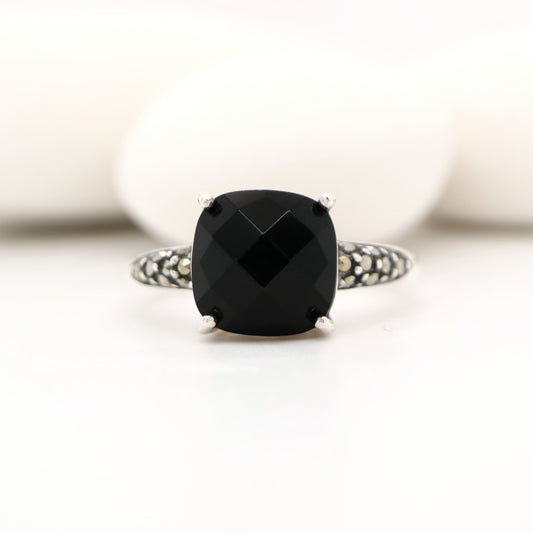 Checkerboard cut onyx, marcasite and sterling silver ring