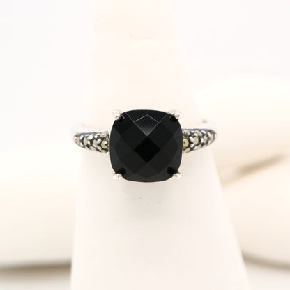 Checkerboard cut onyx, marcasite and sterling silver ring