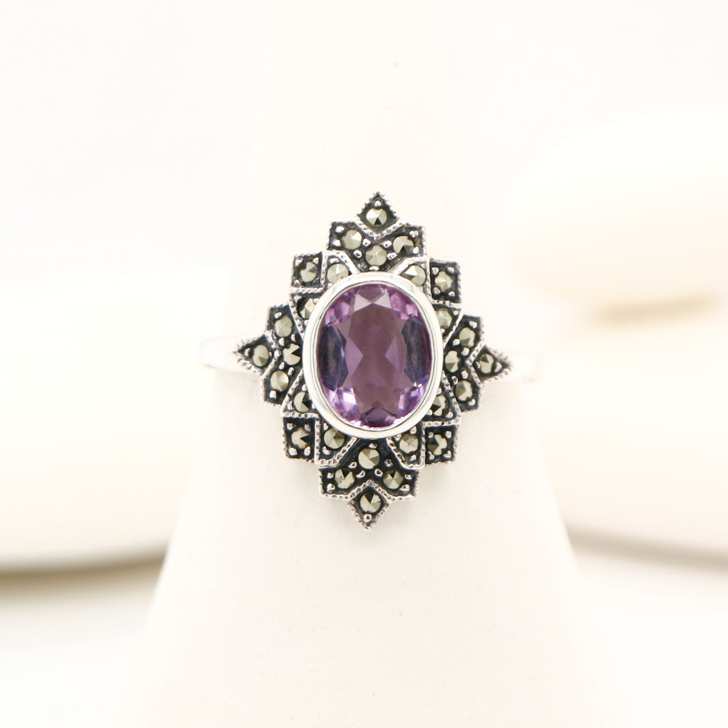 Marcasite burst ring with amethyst in sterling silver