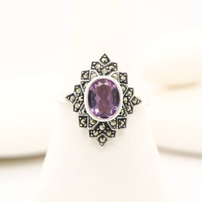Marcasite burst ring with amethyst in sterling silver