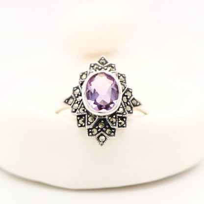Marcasite burst ring with amethyst in sterling silver