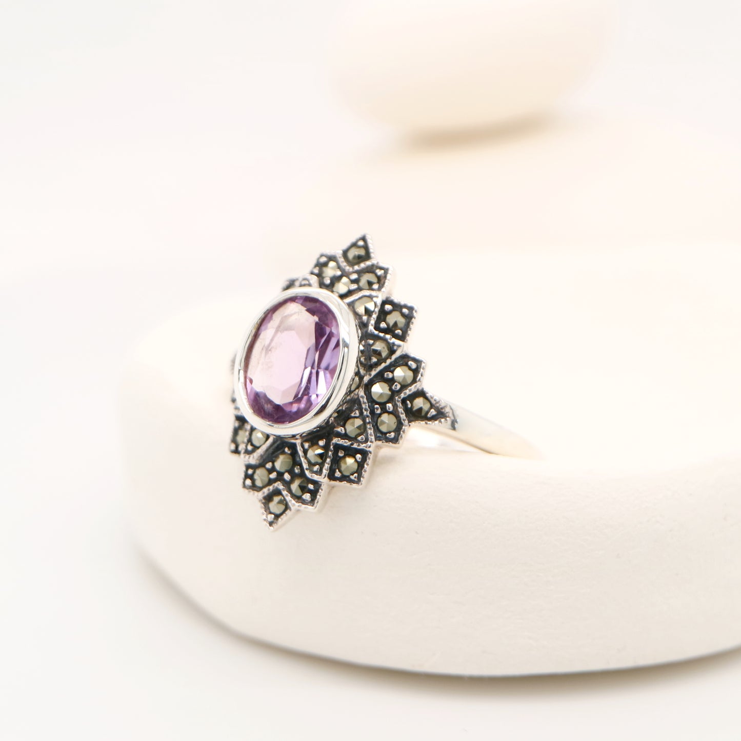 Marcasite burst ring with amethyst in sterling silver