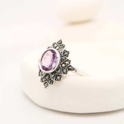 Marcasite burst ring with amethyst in sterling silver
