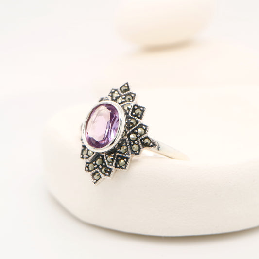 Marcasite burst ring with amethyst in sterling silver