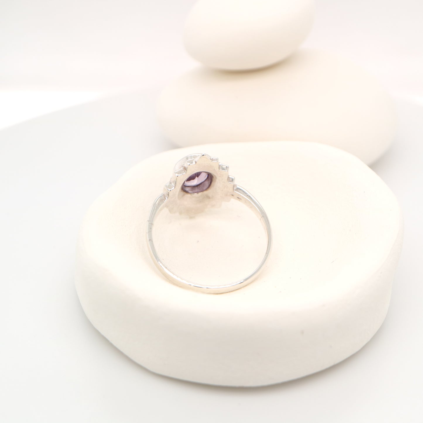 Marcasite burst ring with amethyst in sterling silver