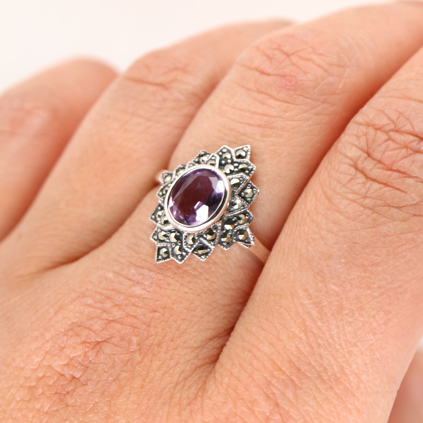 Marcasite burst ring with amethyst in sterling silver