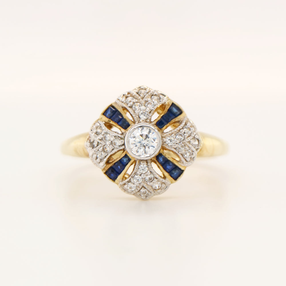 Art deco cross ring in sterling silver with Verneuil sapphire and CZ