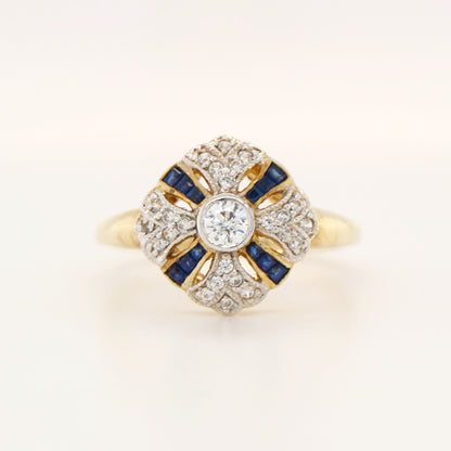 Art deco cross ring in sterling silver with Verneuil sapphire and CZ