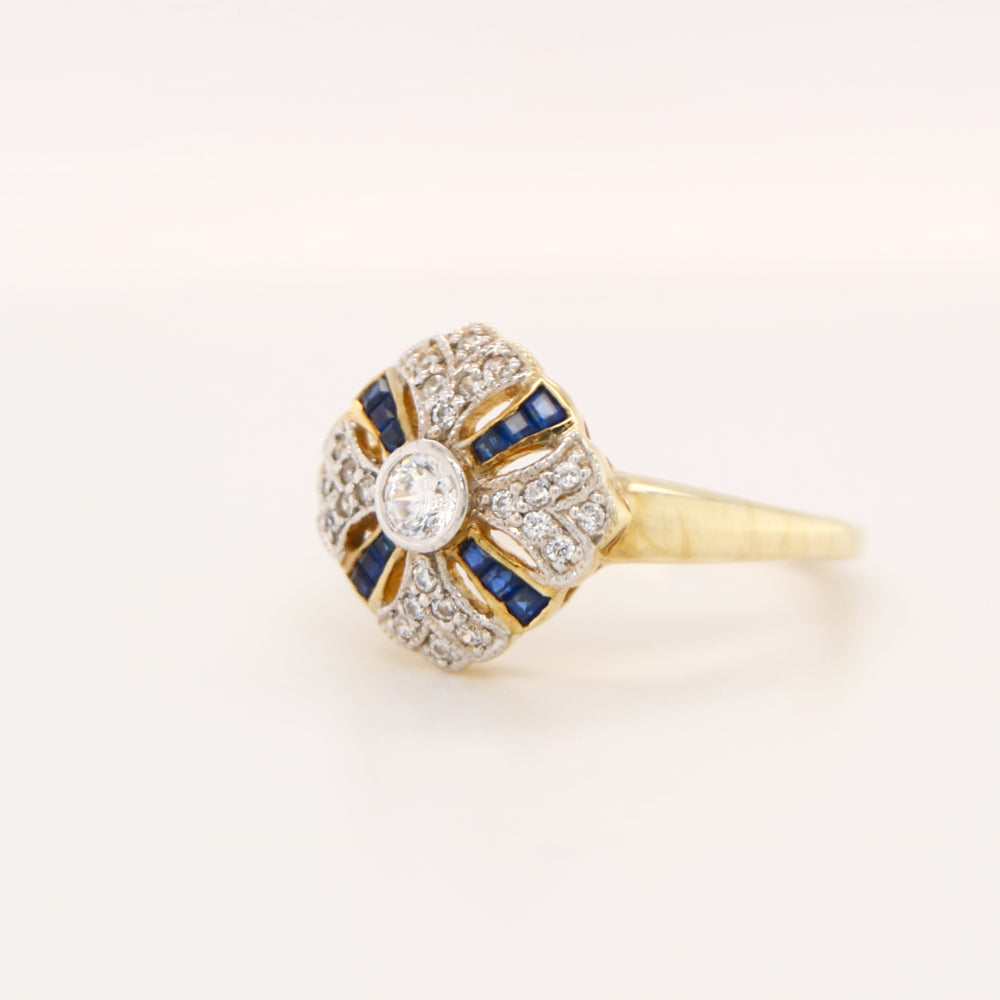 Art deco cross ring in sterling silver with Verneuil sapphire and CZ