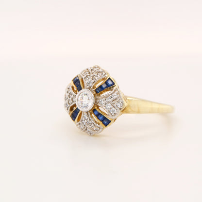 Art deco cross ring in sterling silver with Verneuil sapphire and CZ